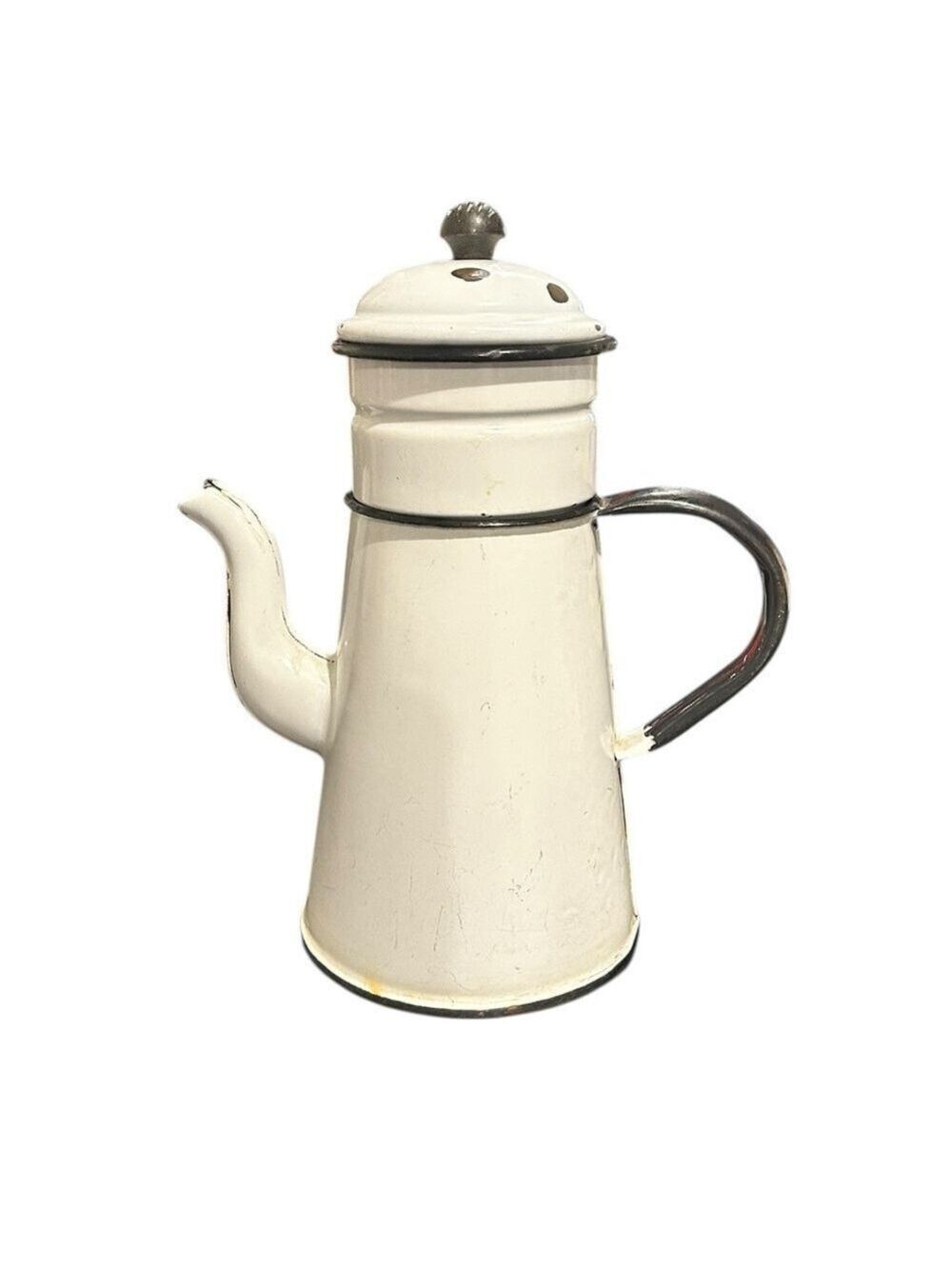 Vintage French Enamelware Black And White Enamel Drip Coffee Pot VGC